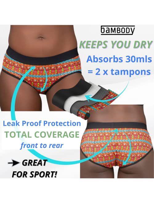 Bambody Absorbent Hipster: Sporty Period Panties | Protective Active Wear Underwear - 1 Pack: Maasai - Medium