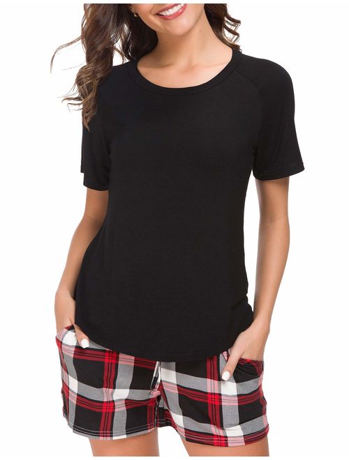 M-anxiu Pajama Set Womens 2 Pcs Cotton Short Top & Short Plaid Bottoms Sleepwear S-XXL ...