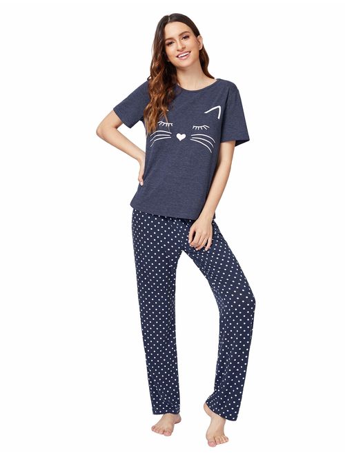 DIDK Women's Kitty Cat Print Tee and Polka Dot Pants Pajama Set