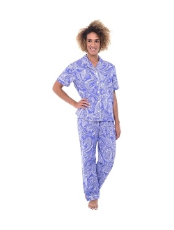 Women's Lightweight Button Down Pajama Set, Short Sleeved Printed Cotton Pjs