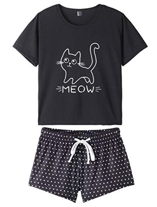 VENTELAN Pajamas for Women 2 Piece Cute Cat Sleepwear Pajama Sleep Set