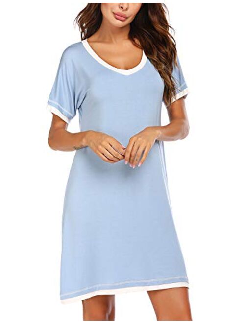 Ekouaer Sleepwear Women's V Neck Nightshirt Casual Sleepwear Short Sleeve Nightgown S-XXL