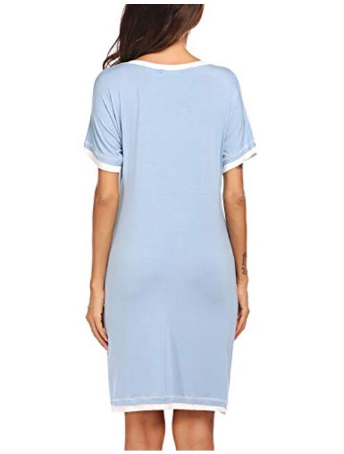 Ekouaer Sleepwear Women's V Neck Nightshirt Casual Sleepwear Short Sleeve Nightgown S-XXL