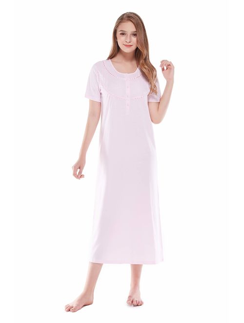 Keyocean Women's Nightgowns 100% Cotton Lace Trim Soft Lightweight Short Sleeve Long Sleepwear for Women