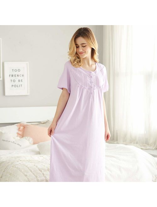Keyocean Women's Nightgowns 100% Cotton Lace Trim Soft Lightweight Short Sleeve Long Sleepwear for Women