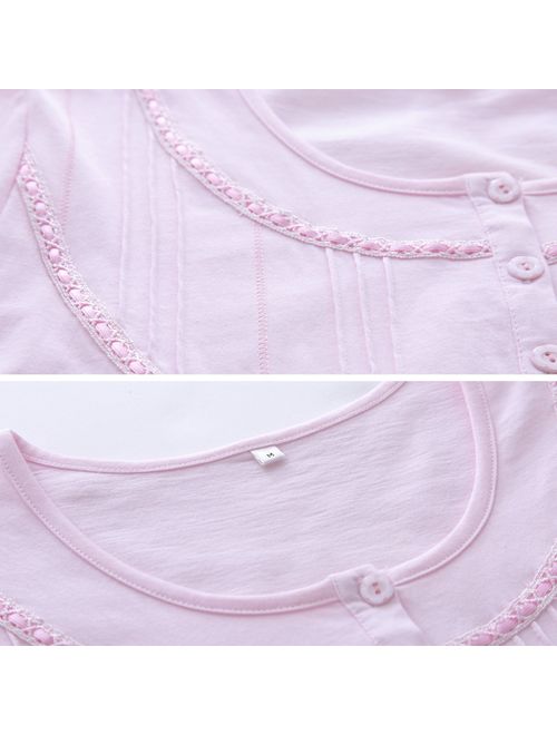 Keyocean Women's Nightgowns 100% Cotton Lace Trim Soft Lightweight Short Sleeve Long Sleepwear for Women
