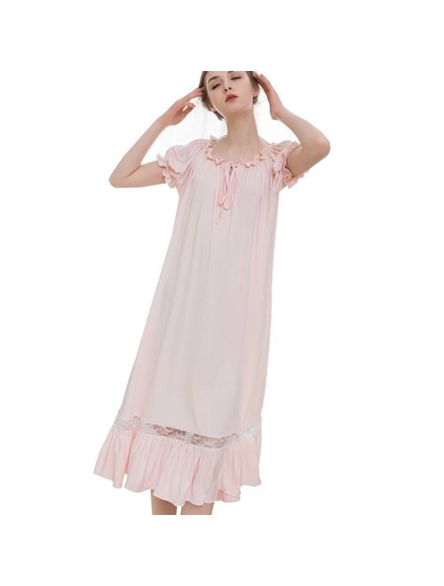 Women White Nightdress,Short Sleeve Vintage Nightgown Victorian Sleepwear Lounge Dress