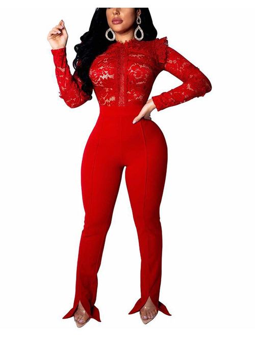 OLUOLIN Women's Sexy Floral Lace See Through Mesh Hollow Out Ruffle Long Pants Bodycon Jumpsuit Rompers Clubwear