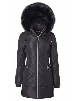Women Long Down Alternative Winter Puffer Coat Zip-Off Plush Lined Fur Trim Hood