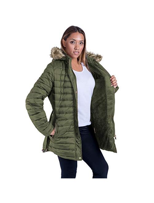 Facitisu Womens Winter Warm Jacket Long Down Faux Fur Hooded Quilted Sherpa Lined Coat