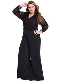 Cokar Womens Plus Size Jumpsuits Long Sleeve V-Neck Casual Style Set Black