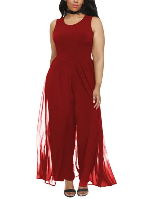 Pink Queen Women's Plus Size Sleeveless Long Pants Jumpsuit with Chiffon Overlay