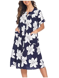 Women's Striped Sleepwear Button Down Duster Short Sleeve House Dress Nightgown S-XXL