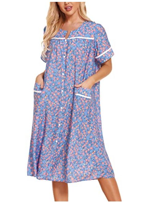 Ekouaer Women's Striped Sleepwear Button Down Duster Short Sleeve House Dress Nightgown S-XXL
