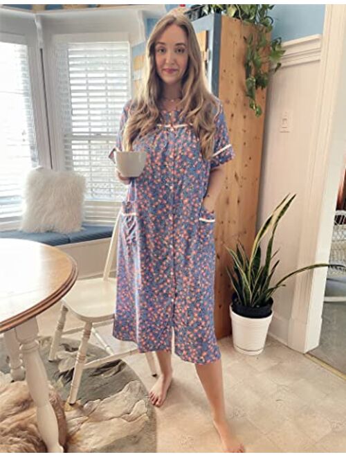 Ekouaer Women's Striped Sleepwear Button Down Duster Short Sleeve House Dress Nightgown S-XXL