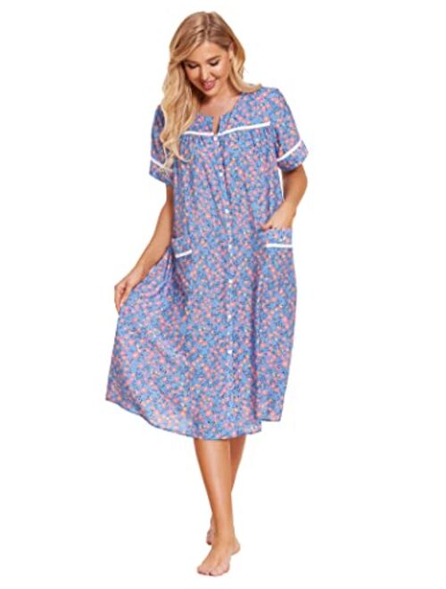 Ekouaer Women's Striped Sleepwear Button Down Duster Short Sleeve House Dress Nightgown S-XXL