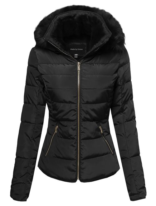 Made by Emma Women's Junior Fit Quilted Puffer Jacket with Detachable Faux Fur Hood