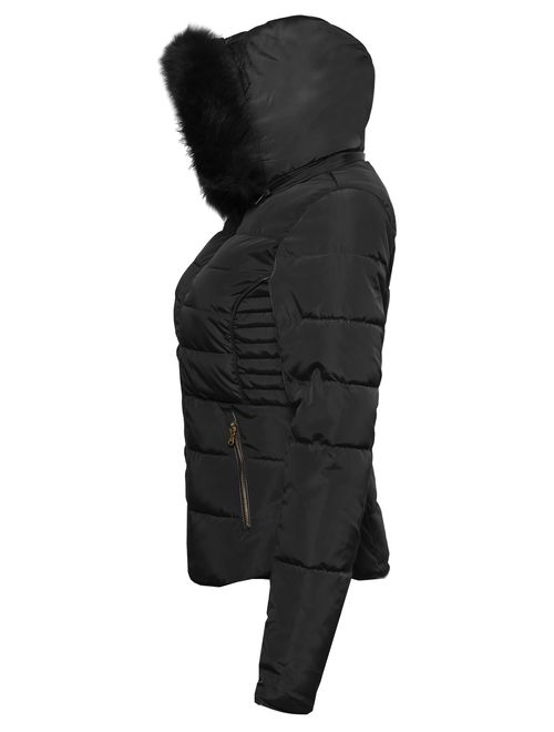Made by Emma Women's Junior Fit Quilted Puffer Jacket with Detachable Faux Fur Hood