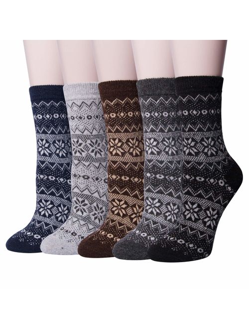 5 Pairs Womens Colorful Casual Vintage Style Thick Knit Warm Wool Winter Crew Socks