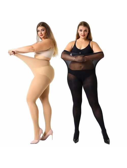 MANZI Women/'s 2 Pairs Control Top Pantyhose High Waist Plus Size Tights Ultra-Soft