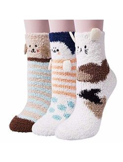 3-6 Pairs Womens Fuzzy Socks Winter Warm Fluffy Soft Slipper Home Sleeping Cute Animal Socks