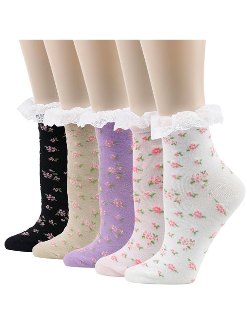 Funcat Women's Lace Ruffle Frilly Colorful Floral Cotton Casual Novelty Ankle Socks 4/5/6 Pairs