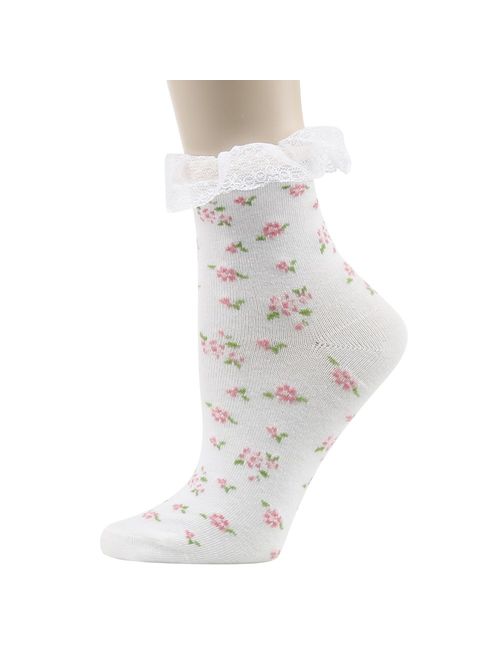 Funcat Women's Lace Ruffle Frilly Colorful Floral Cotton Casual Novelty Ankle Socks 4/5/6 Pairs