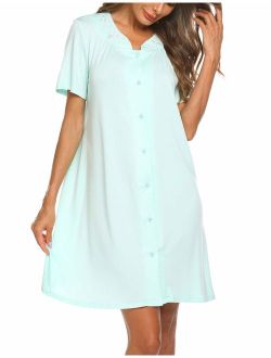 Nightgown Button Front Sleepshirt Short Sleeve Dusters and Housecoats V-Neck Lounger Dress for Women