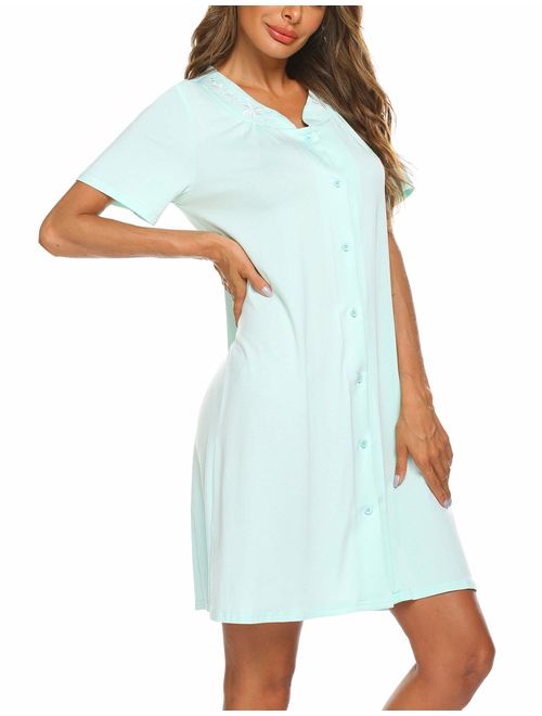 Ekouaer Nightgown Button Front Sleepshirt Short Sleeve Dusters and Housecoats V-Neck Lounger Dress for Women