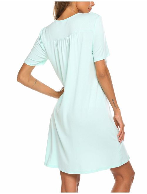 Ekouaer Nightgown Button Front Sleepshirt Short Sleeve Dusters and Housecoats V-Neck Lounger Dress for Women