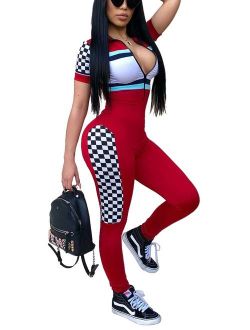Bluewolfsea Women's Fashion One Piece Plaid Striped Bodycon Zipper Jumpsuit Skinny Romper Playsuit Short Sleeve