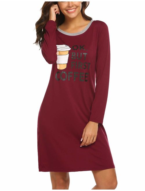 Hotouch Night Shirt Women's Long Sleeve Print Sleepshirt Cute O Neck Nightgown S-XXL