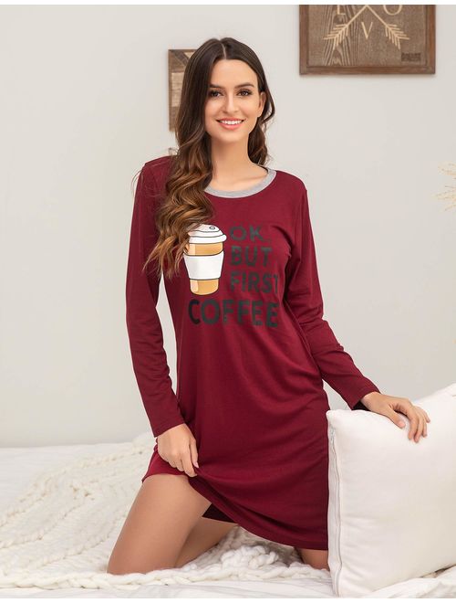 Hotouch Night Shirt Women's Long Sleeve Print Sleepshirt Cute O Neck Nightgown S-XXL