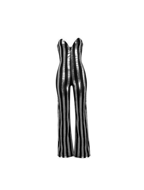 Speedle Womens Sexy Strapless Metallic Stripe Wide Leg Long Pants Club Jumpsuits Rompers