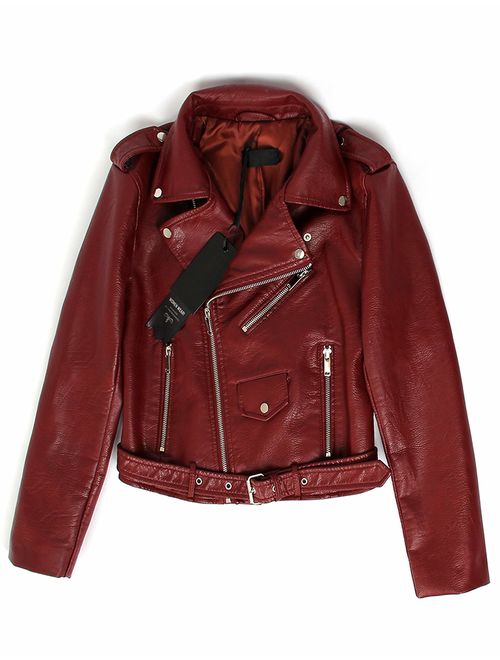Jhichic Women's Faux Leather Textured Short Moto Jacket Zip-up Slim PU Biker Coat with Pockets
