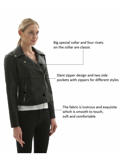 Fahsyee Women's Faux Leather Jackets, Zip Up Motorcycle Short PU Moto Biker Outwear Fitted Slim Coat