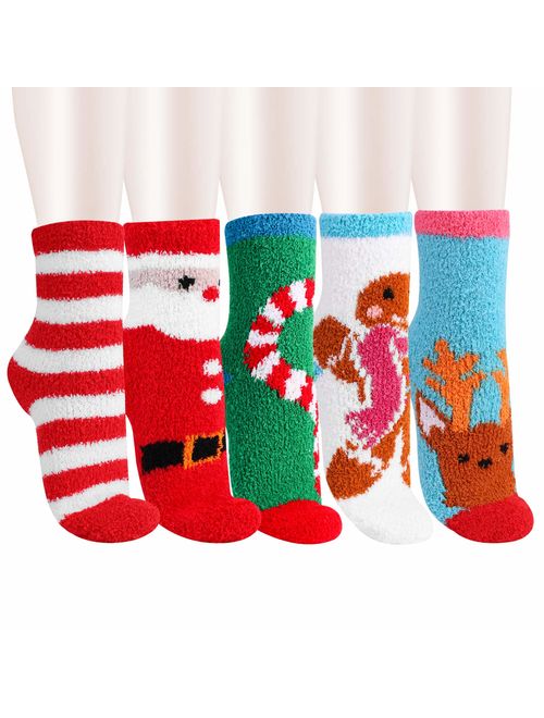 5 Pack Women Girls Fuzzy Fluffy Socks, Great for Holiday Winter or Christmas,Cabin Soft Warm Slipper Crew Cute Cozy Socks