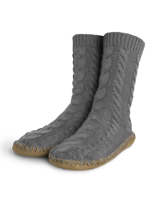 Pembrook Ladies Tall Cable Knit Slipper Socks - Memory Foam + Non-Skid Sole