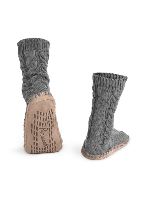 Pembrook Ladies Tall Cable Knit Slipper Socks - Memory Foam + Non-Skid Sole