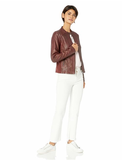 Sebby Collection Women's Faux Leather Jacket with Moto Details and Front Zip Pockets
