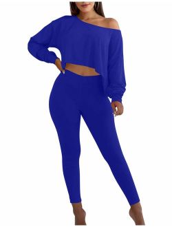 BORIFLORS Women's Causal 2 Piece Outfits Jumpsuits Long Sleeve Crop Tops T Shirt with Long Pants Set