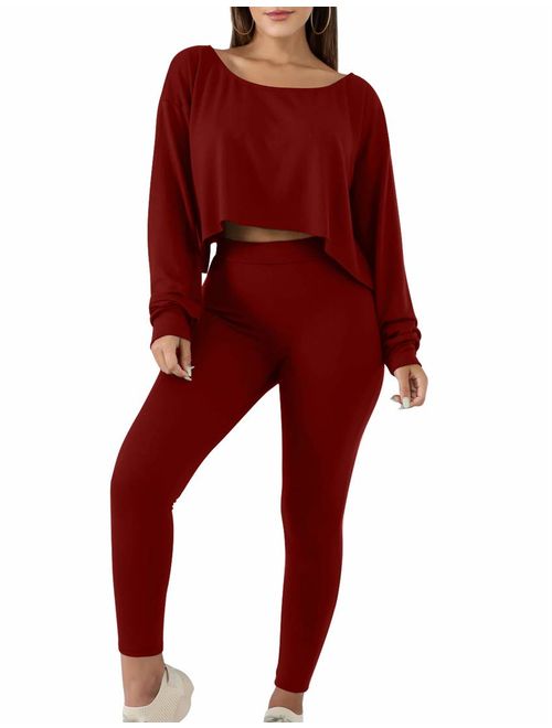 BORIFLORS Women's Causal 2 Piece Outfits Jumpsuits Long Sleeve Crop Tops T Shirt with Long Pants Set