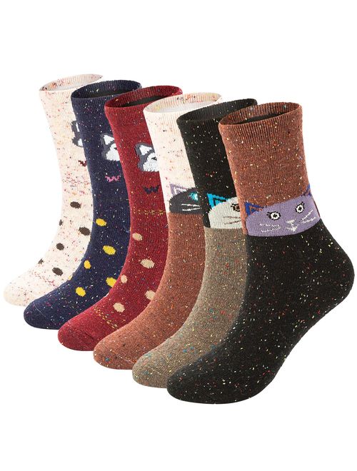 6 Pack Womens Winter Warm Socks Soft Casual Thick Wool Crew Socks (Cute Wolf & Dot Cat(6 Pairs wool Socks))