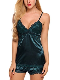 Women Sleepwear Satin Pajamas Set Lace Camisole Shorts Nightwear