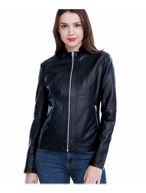 Fasbric Women's Faux Leather Jackets Long Sleeve Zipper Short Moto Biker Jacket Bomber Coat