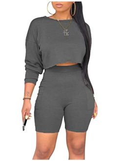 cailami Women's Casual 2 Piece Club Outfit Jumpsuit Crop Tops Bodycon Shorts Set with Pockets