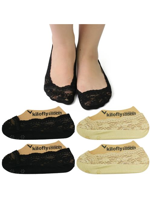 kilofly No Show Full Cuff Silicone Grip Non-Skid Socks [Set of 4, Black & Beige]