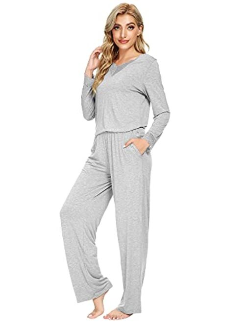 WiWi Soft Bamboo Long Pants Sleepwear Laced Pjs Plus Size Pajama Set S-4X