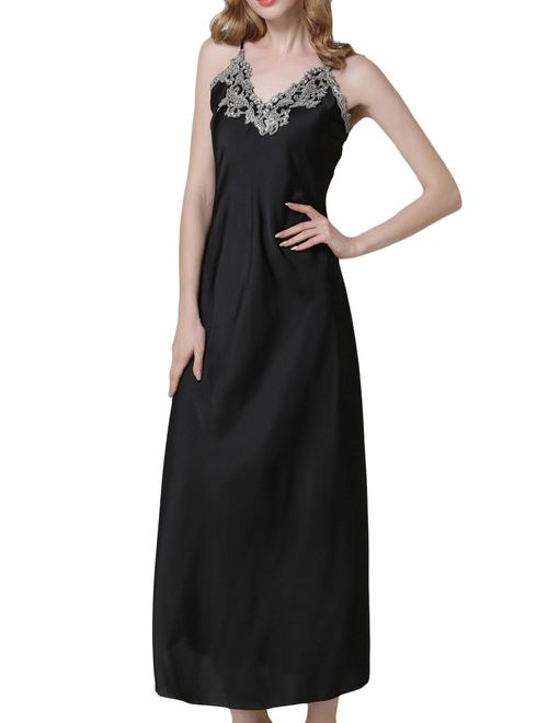 ASHER FASHION Women's Nightdress Lace Satin Nightgowns Long Chemise Sleepwear