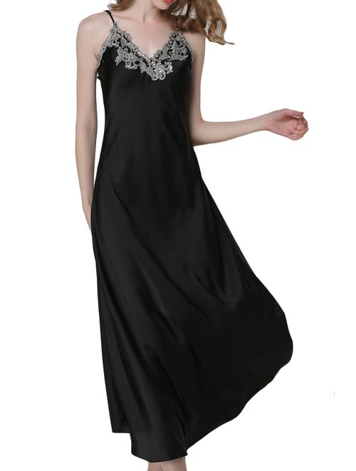 ASHER FASHION Women's Nightdress Lace Satin Nightgowns Long Chemise Sleepwear